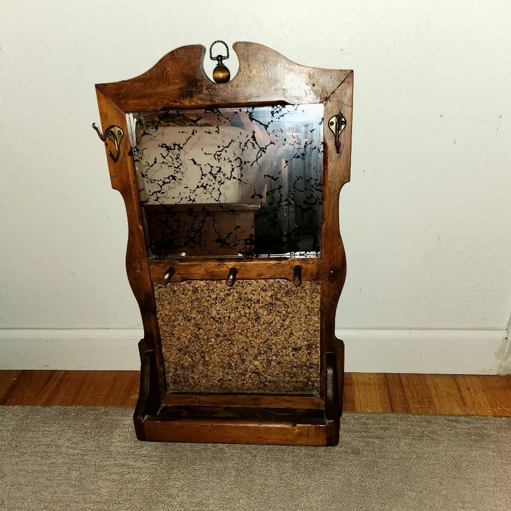 🔨Vintage 1950's Wooden Mirrored Wall Cork Board Rack Shelf Handmade 🔨
